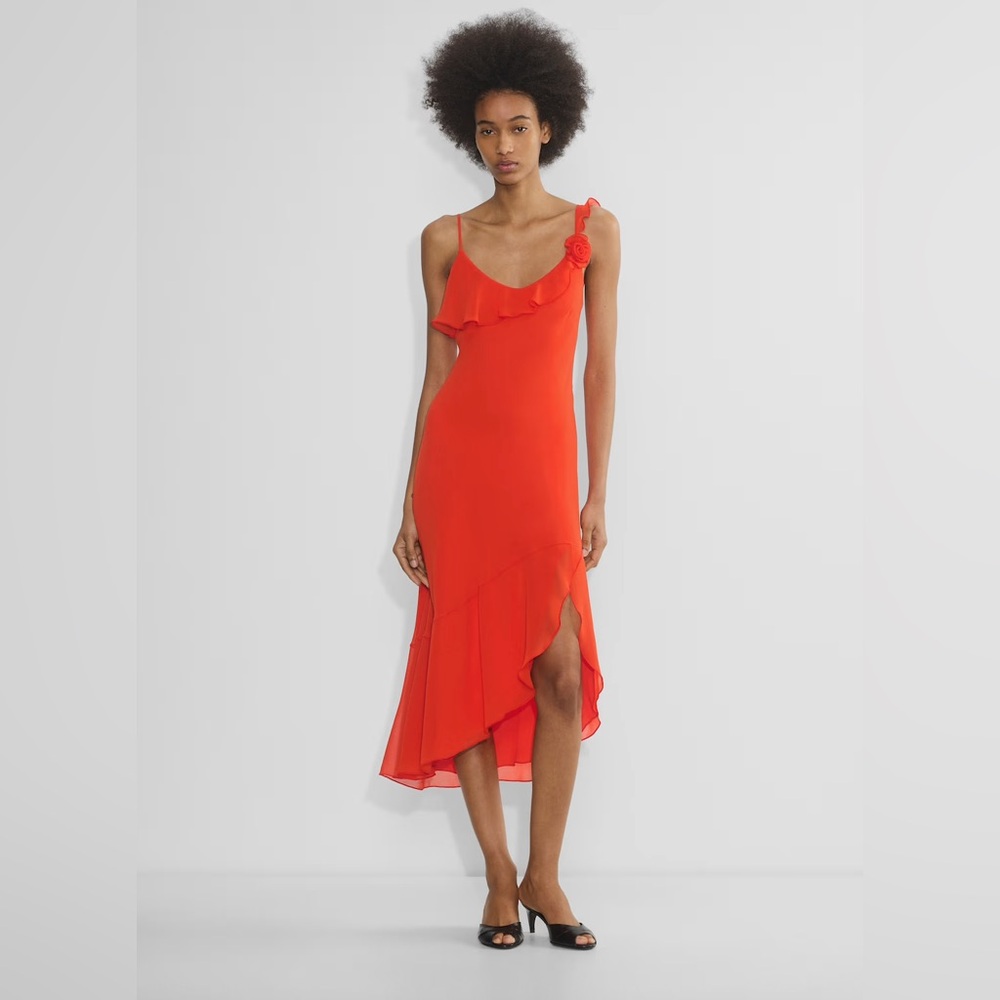 Aritzia Wilfred Engage Dress Red/Orange Rosette Ruffle Asymmetrical Slip Dress